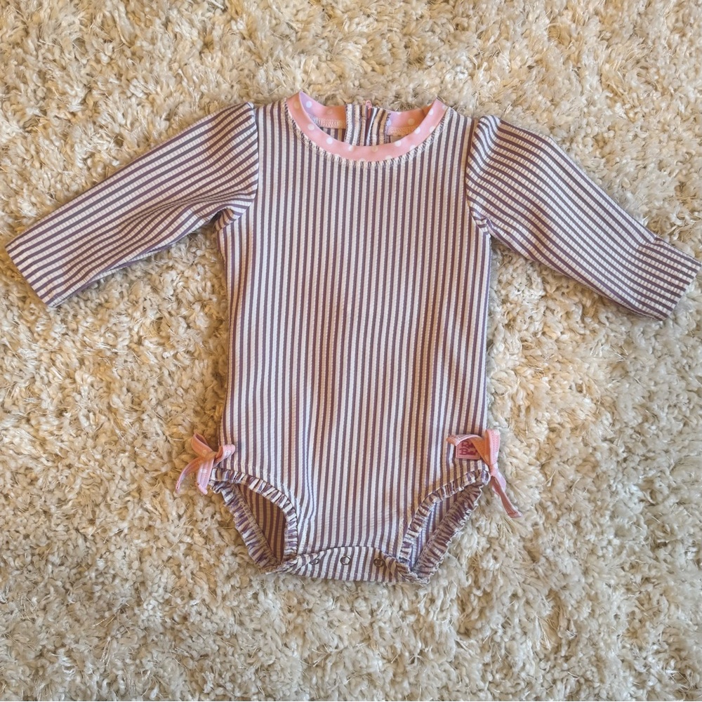 RuffleButts | Seersucker Long Sleeve Rash Guard One Piece | Lavender | 6-12 mths